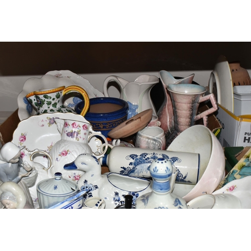 415 - FOUR BOXES OF MOSTLY BLUE AND WHITE CERAMICS to include a group of Delft ceramics comprising souveni... 