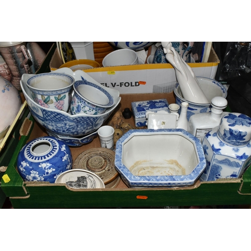 415 - FOUR BOXES OF MOSTLY BLUE AND WHITE CERAMICS to include a group of Delft ceramics comprising souveni... 