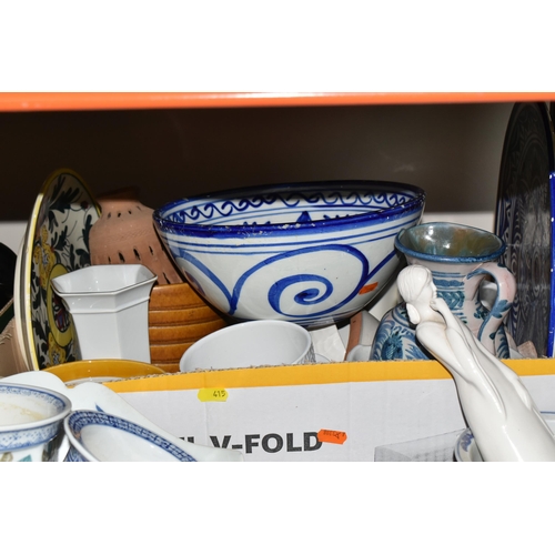 415 - FOUR BOXES OF MOSTLY BLUE AND WHITE CERAMICS to include a group of Delft ceramics comprising souveni... 