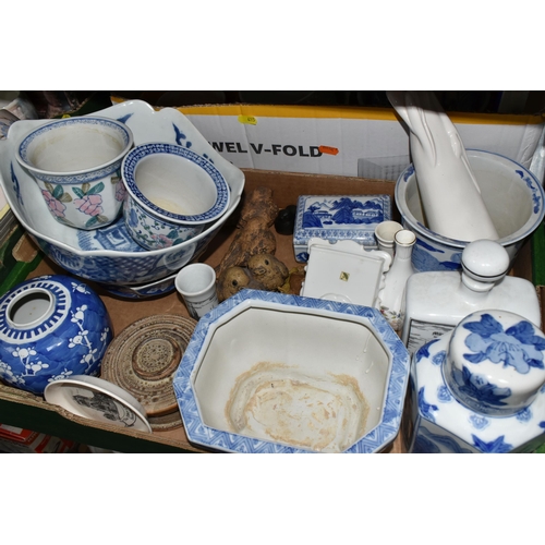 415 - FOUR BOXES OF MOSTLY BLUE AND WHITE CERAMICS to include a group of Delft ceramics comprising souveni... 