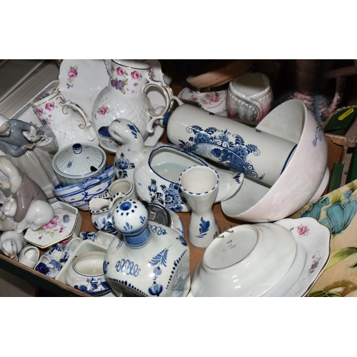 415 - FOUR BOXES OF MOSTLY BLUE AND WHITE CERAMICS to include a group of Delft ceramics comprising souveni... 