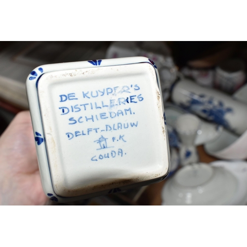 415 - FOUR BOXES OF MOSTLY BLUE AND WHITE CERAMICS to include a group of Delft ceramics comprising souveni... 