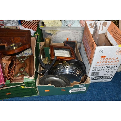 416 - FIVE BOXES AND LOOSE MISCELLANEOUS ITEMS, to include a set of cast iron scales with weights, two bat... 