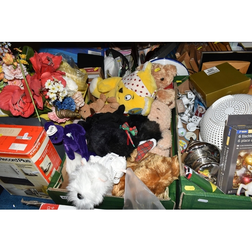 417 - FIVE BOXES AND LOOSE MISCELLANEOUS ITEMS to include a boxed 3ft Christmas tree, assorted Christmas d... 