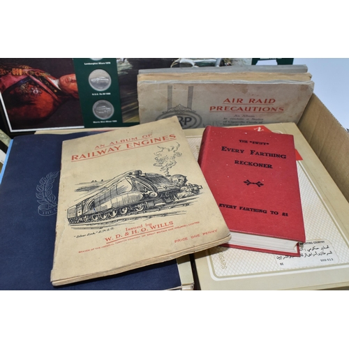 423 - One Box of Ephemera containing two cigar boxes 'trade' cards, three 1d albums of cigarette cards, a ... 