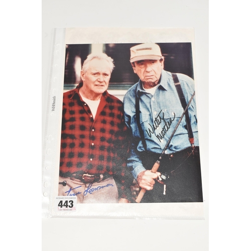 443 - A SIGNED 10 X 8 COLOUR PHOTOGRAPH OF WALTER MATTHAU AND JACK LEMMON, portrait orientation, Lemmon si... 