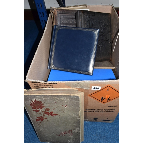 454 - ONE BOX OF EPHEMERA containing an electric collection of Scrapbooks, Photograph Albums, a Postcard A... 