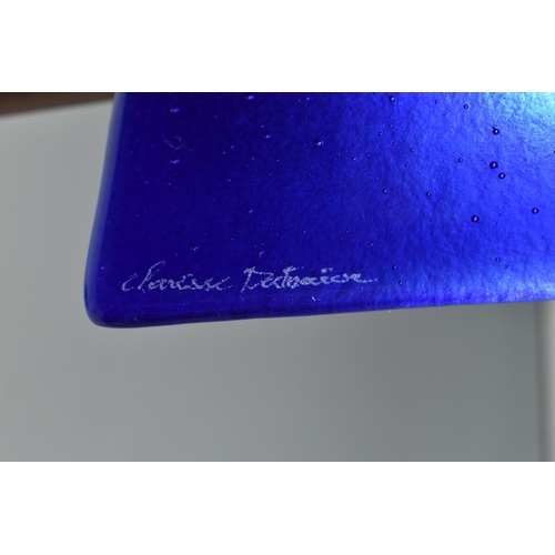 468 - A CLARISSE DUTRAIVE TABLE LAMP, with signed blue and red fused glass panel, on a metal stand, height... 