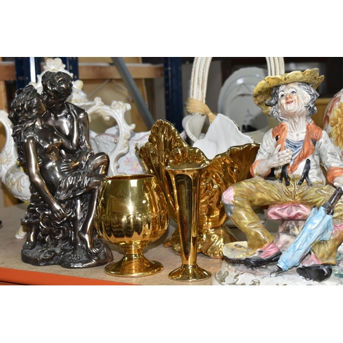 469 - A QUANTITY OF LARGE CERAMICS AND DECORATIVE ITEMS, to include a 'Shy Girl' plaster figure, golden br... 