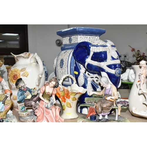 469 - A QUANTITY OF LARGE CERAMICS AND DECORATIVE ITEMS, to include a 'Shy Girl' plaster figure, golden br... 