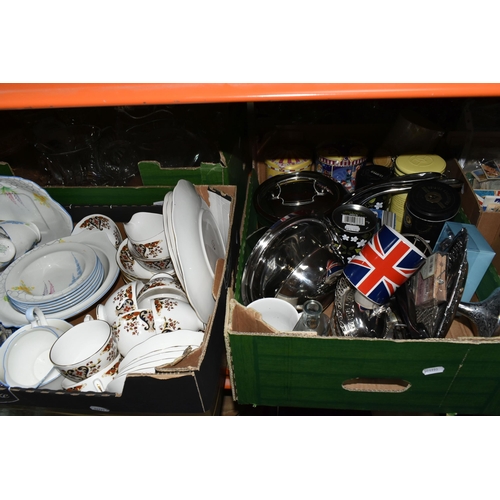 473 - FOUR BOXES OF CERAMICS, GLASS AND METAL WARES, to include a twenty four piece Royal Grafton hand pai... 