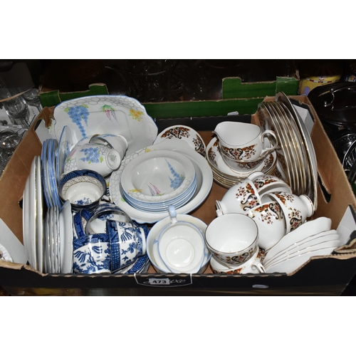 473 - FOUR BOXES OF CERAMICS, GLASS AND METAL WARES, to include a twenty four piece Royal Grafton hand pai... 