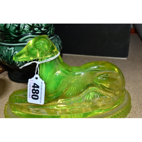 480 - A VICTORIAN URANIUM GLASS GREYHOUND, CERAMICS, A PICTURE AND A POSTER, the greyhound by John Derbysh... 