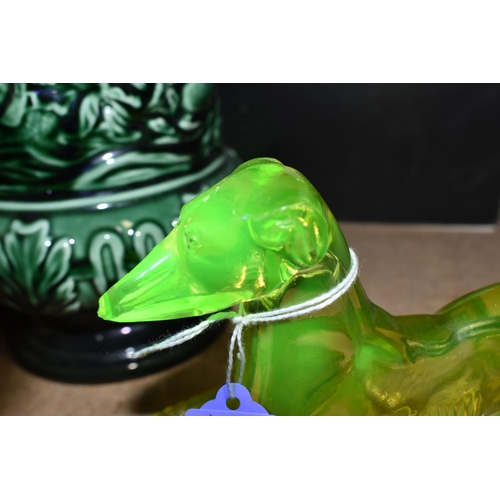 480 - A VICTORIAN URANIUM GLASS GREYHOUND, CERAMICS, A PICTURE AND A POSTER, the greyhound by John Derbysh... 