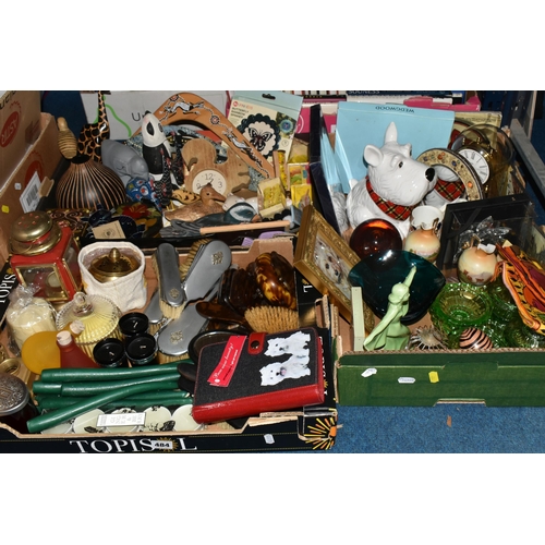 484 - THREE BOXES OF MISCELLANEOUS ITEMS, to include a boxed Wedgwood 2002 Golden Jubilee commemorative pl... 