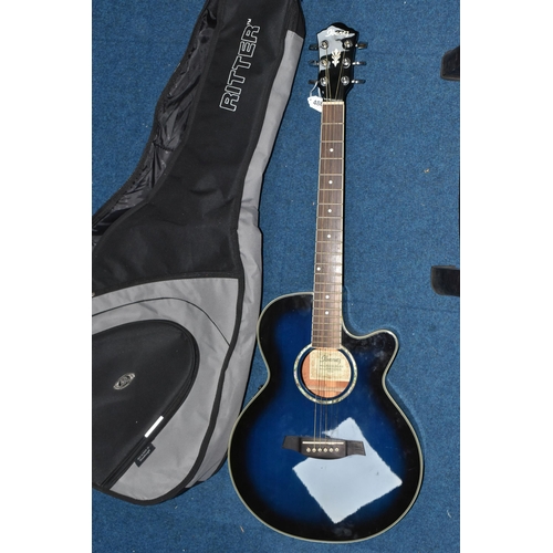 486 - AN IBANEZ ELECTRO-ACOUSTIC GUITAR with a dark blue body with original label to the interior listed m... 