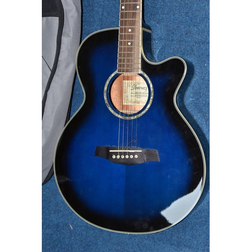 486 - AN IBANEZ ELECTRO-ACOUSTIC GUITAR with a dark blue body with original label to the interior listed m... 