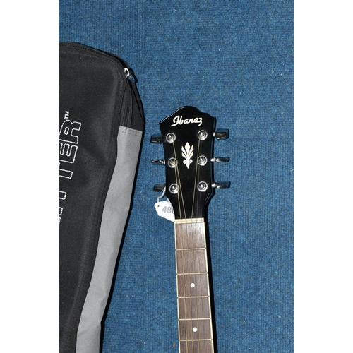 486 - AN IBANEZ ELECTRO-ACOUSTIC GUITAR with a dark blue body with original label to the interior listed m... 