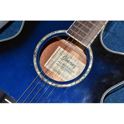 486 - AN IBANEZ ELECTRO-ACOUSTIC GUITAR with a dark blue body with original label to the interior listed m... 