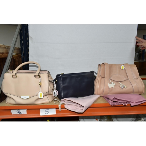 488 - TWO RADLEY AND ONE FIORELLI HANDBAGS, comprising an oyster coloured Fiorelli handbag with a removabl... 