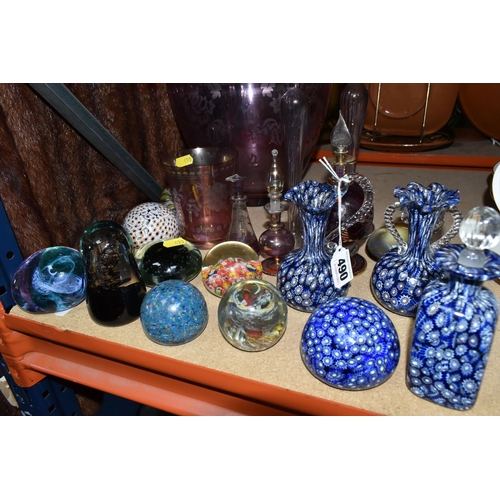 490 - A GROUP OF GLASS PAPERWEIGHTS AND GLASSWARE, comprising two Caithness paperweights, a large amethyst... 