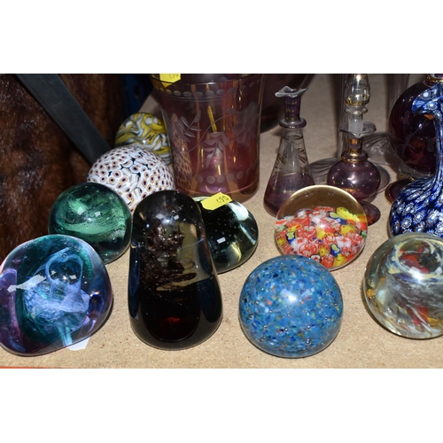 490 - A GROUP OF GLASS PAPERWEIGHTS AND GLASSWARE, comprising two Caithness paperweights, a large amethyst... 