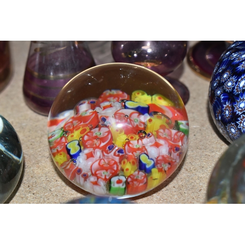 490 - A GROUP OF GLASS PAPERWEIGHTS AND GLASSWARE, comprising two Caithness paperweights, a large amethyst... 