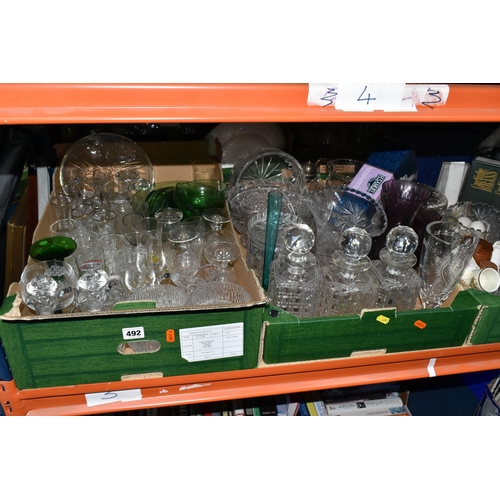 492 - FOUR BOXES OF GLASSWARE, L.P RECORDS AND SUNDRIES, to include three square cut decanters, a Webb Cor... 