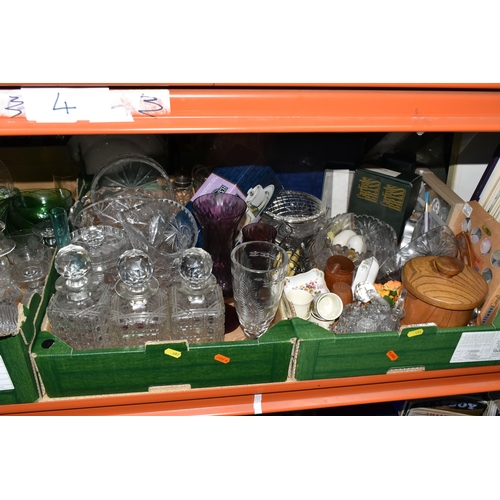 492 - FOUR BOXES OF GLASSWARE, L.P RECORDS AND SUNDRIES, to include three square cut decanters, a Webb Cor... 