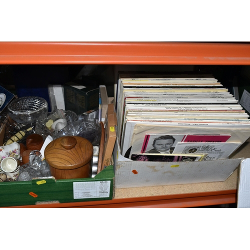 492 - FOUR BOXES OF GLASSWARE, L.P RECORDS AND SUNDRIES, to include three square cut decanters, a Webb Cor... 