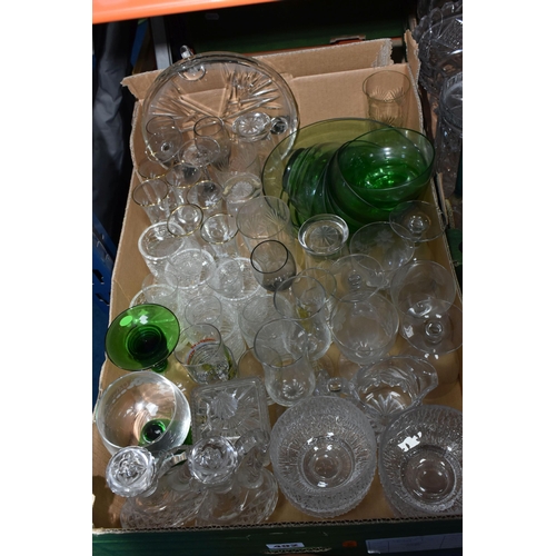 492 - FOUR BOXES OF GLASSWARE, L.P RECORDS AND SUNDRIES, to include three square cut decanters, a Webb Cor... 