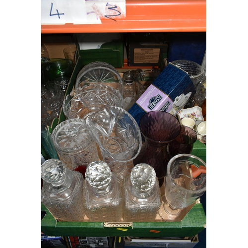 492 - FOUR BOXES OF GLASSWARE, L.P RECORDS AND SUNDRIES, to include three square cut decanters, a Webb Cor... 