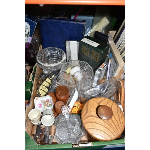 492 - FOUR BOXES OF GLASSWARE, L.P RECORDS AND SUNDRIES, to include three square cut decanters, a Webb Cor... 