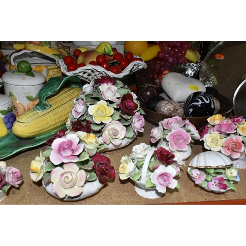 500 - A LARGE QUANTITY OF PORCELAIN FLOWERS AND FRUIT, together with three circular 'Barbola' mirrors, com... 