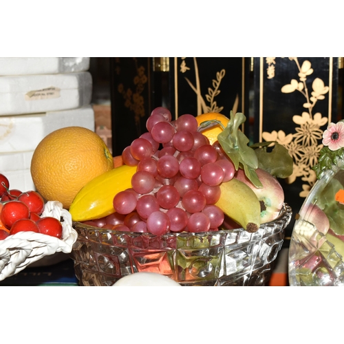 500 - A LARGE QUANTITY OF PORCELAIN FLOWERS AND FRUIT, together with three circular 'Barbola' mirrors, com... 