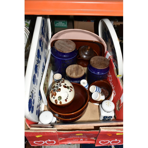 503 - FIVE BOXES OF CERAMICS AND GLASSWARE, to include a Marks & Spencer 'Autumn Leaves', three navy blue ... 