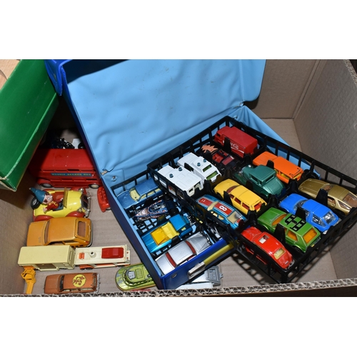 505 - TWO BOXES OF VINTAGE DIECAST TOY CARS AND BOARD GAMES, to include a Corgi Noddy's car, a red Corgi A... 