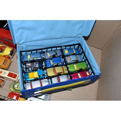 505 - TWO BOXES OF VINTAGE DIECAST TOY CARS AND BOARD GAMES, to include a Corgi Noddy's car, a red Corgi A... 