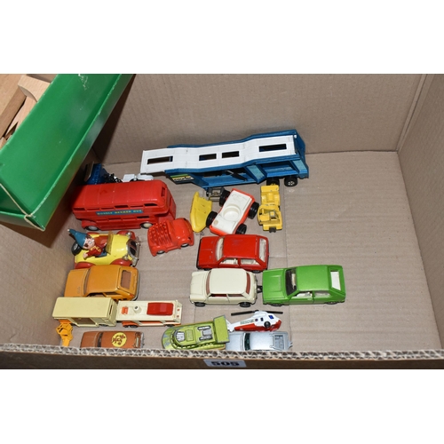 505 - TWO BOXES OF VINTAGE DIECAST TOY CARS AND BOARD GAMES, to include a Corgi Noddy's car, a red Corgi A... 