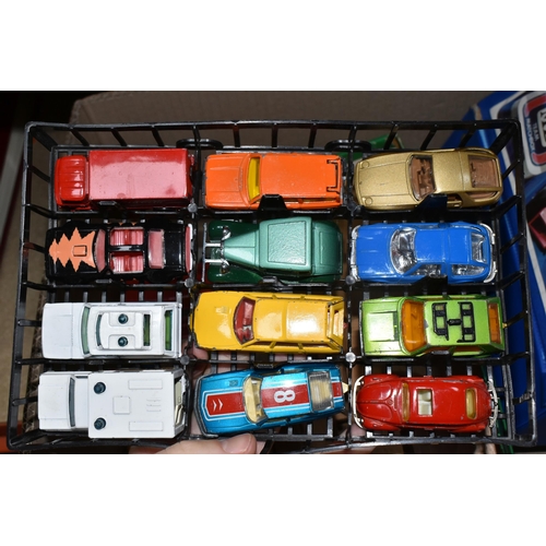 505 - TWO BOXES OF VINTAGE DIECAST TOY CARS AND BOARD GAMES, to include a Corgi Noddy's car, a red Corgi A... 