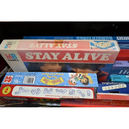 505 - TWO BOXES OF VINTAGE DIECAST TOY CARS AND BOARD GAMES, to include a Corgi Noddy's car, a red Corgi A... 