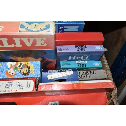 505 - TWO BOXES OF VINTAGE DIECAST TOY CARS AND BOARD GAMES, to include a Corgi Noddy's car, a red Corgi A... 