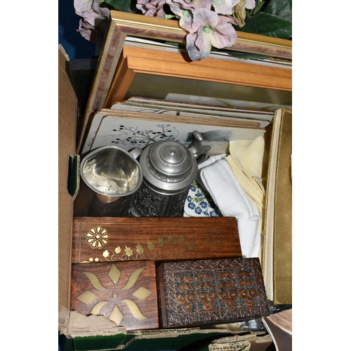 506 - THREE BOXES AND LOOSE MISCELLANEOUS SUNDRIES, to include a large collection of seashells, a pewter p... 