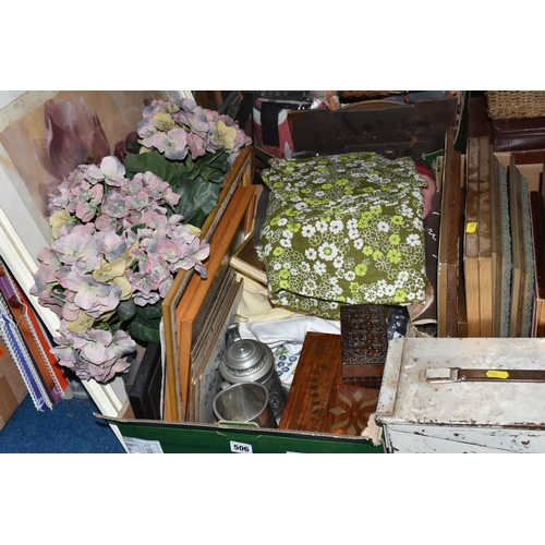 506 - THREE BOXES AND LOOSE MISCELLANEOUS SUNDRIES, to include a large collection of seashells, a pewter p... 