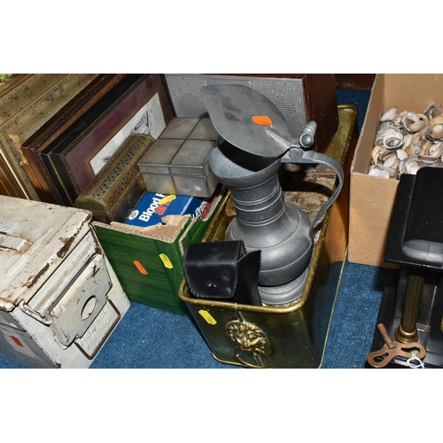 506 - THREE BOXES AND LOOSE MISCELLANEOUS SUNDRIES, to include a large collection of seashells, a pewter p... 