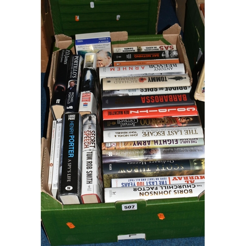 507 - THREE BOXES OF BOOKS, approximately sixty hardback novels, authors include John Simpson, Jilly Coope... 