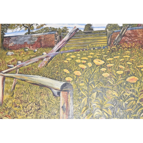 509 - LESLIE CHARLES JONES (20TH CENTURY) A WILD FLOWER LANDSCAPE WITH WALL AND GATE BEYOND, signed and da... 