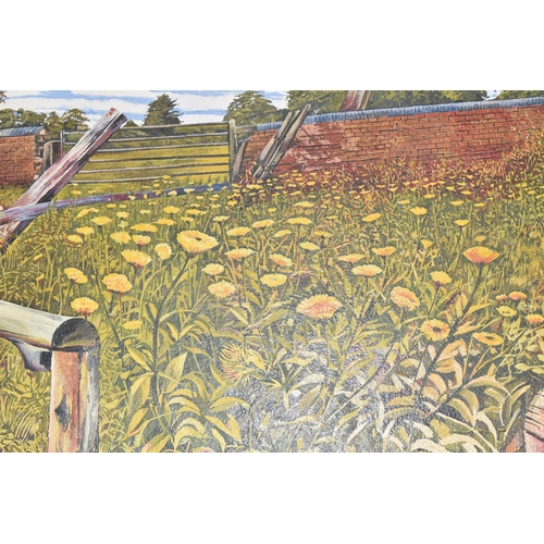 509 - LESLIE CHARLES JONES (20TH CENTURY) A WILD FLOWER LANDSCAPE WITH WALL AND GATE BEYOND, signed and da... 