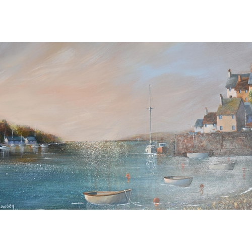 514 - STEVE BOWDEN (BRITISH CONTEMPORARY) 'OCHRE RISING', a coastal scene with boats in a harbour, signed ... 