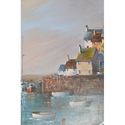 514 - STEVE BOWDEN (BRITISH CONTEMPORARY) 'OCHRE RISING', a coastal scene with boats in a harbour, signed ... 